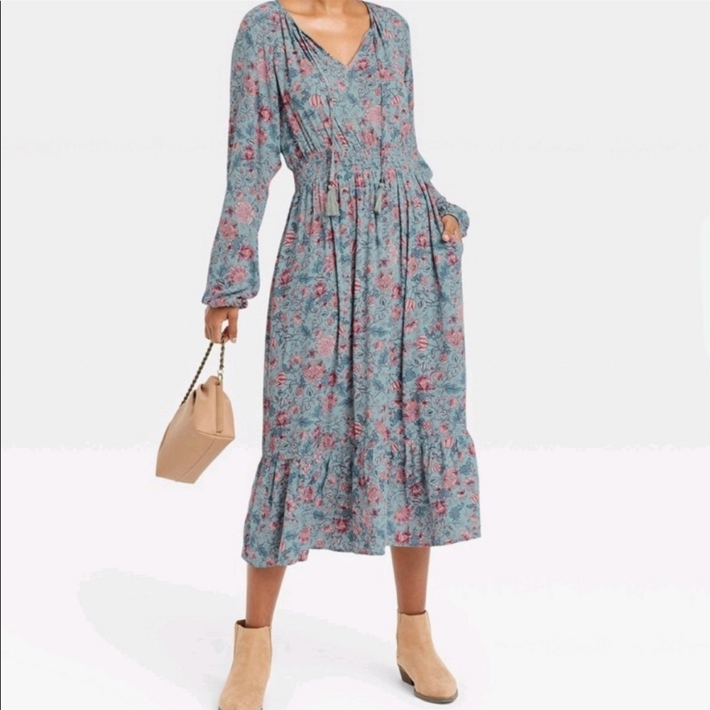 Knox Rose Blue/Rose Floral Bohemian Dress Cottage Core Size Large NWT